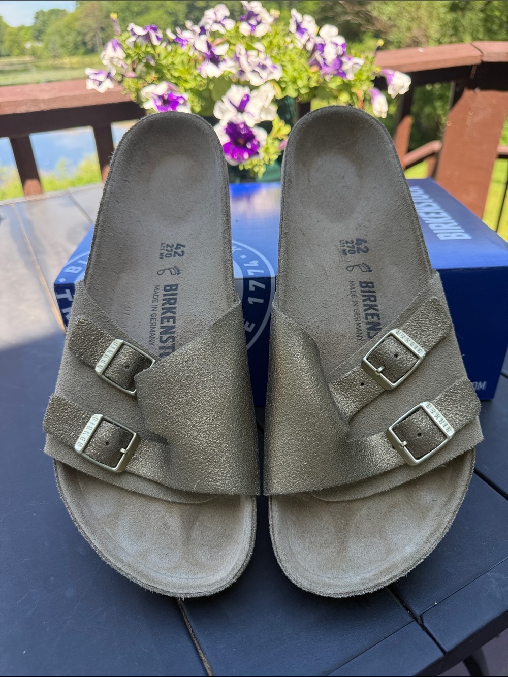Birkenstock Suede rare Zurich Madrid style sandals 42 11 washed metallic gold